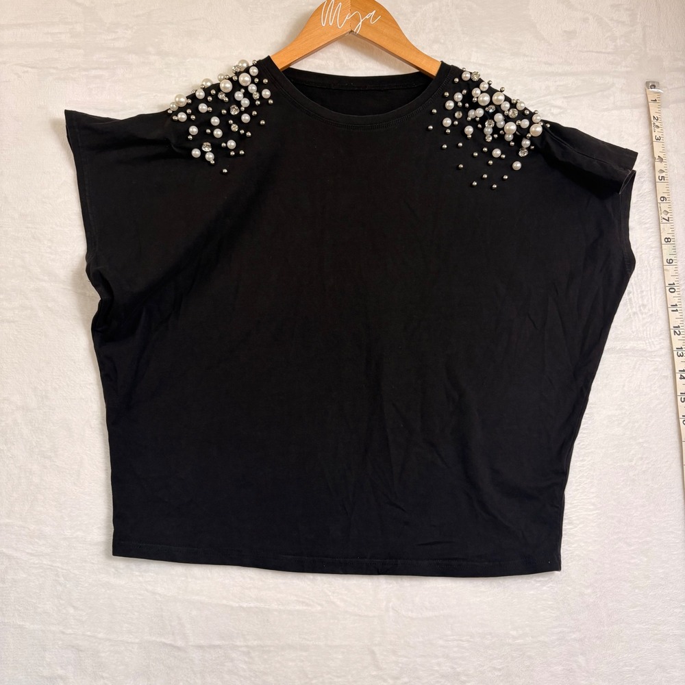 Black Embellished Pearl Studded Shoulder Boxy Knit Top Cap Sleeve Crew Neck